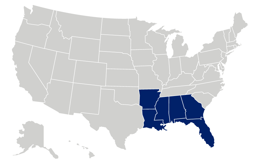 Map of the United States highlighting the Southeast region