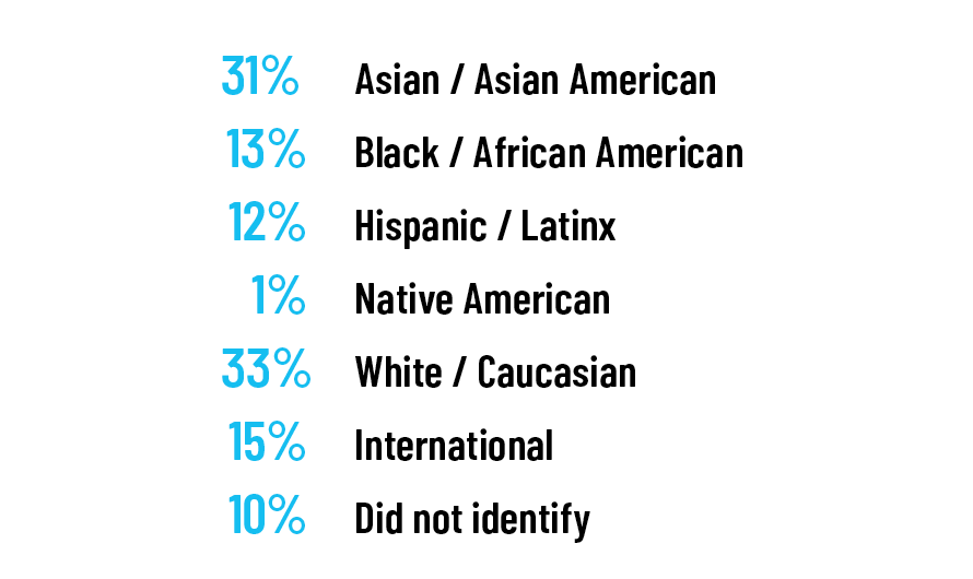 31% Asian/Asian American; 13% Black/African American; 12% Hispanic/Latinx; 1% Native American; 33% White/Caucasian; 15% International; 10% Did not identify