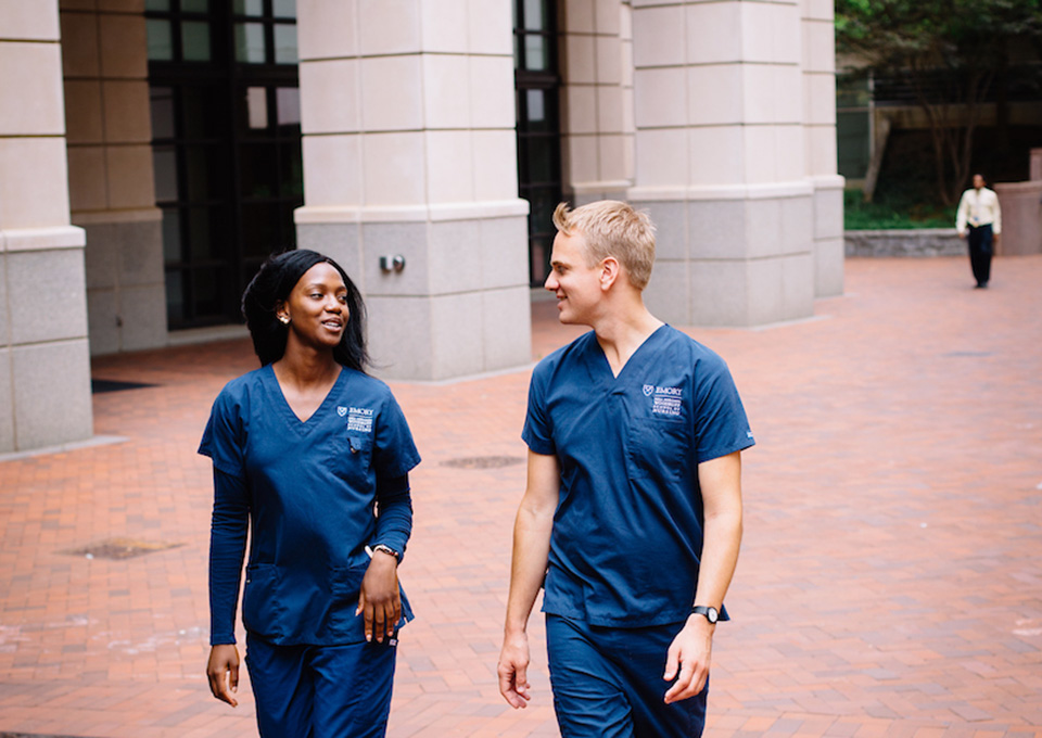 Nursings students walk on campus